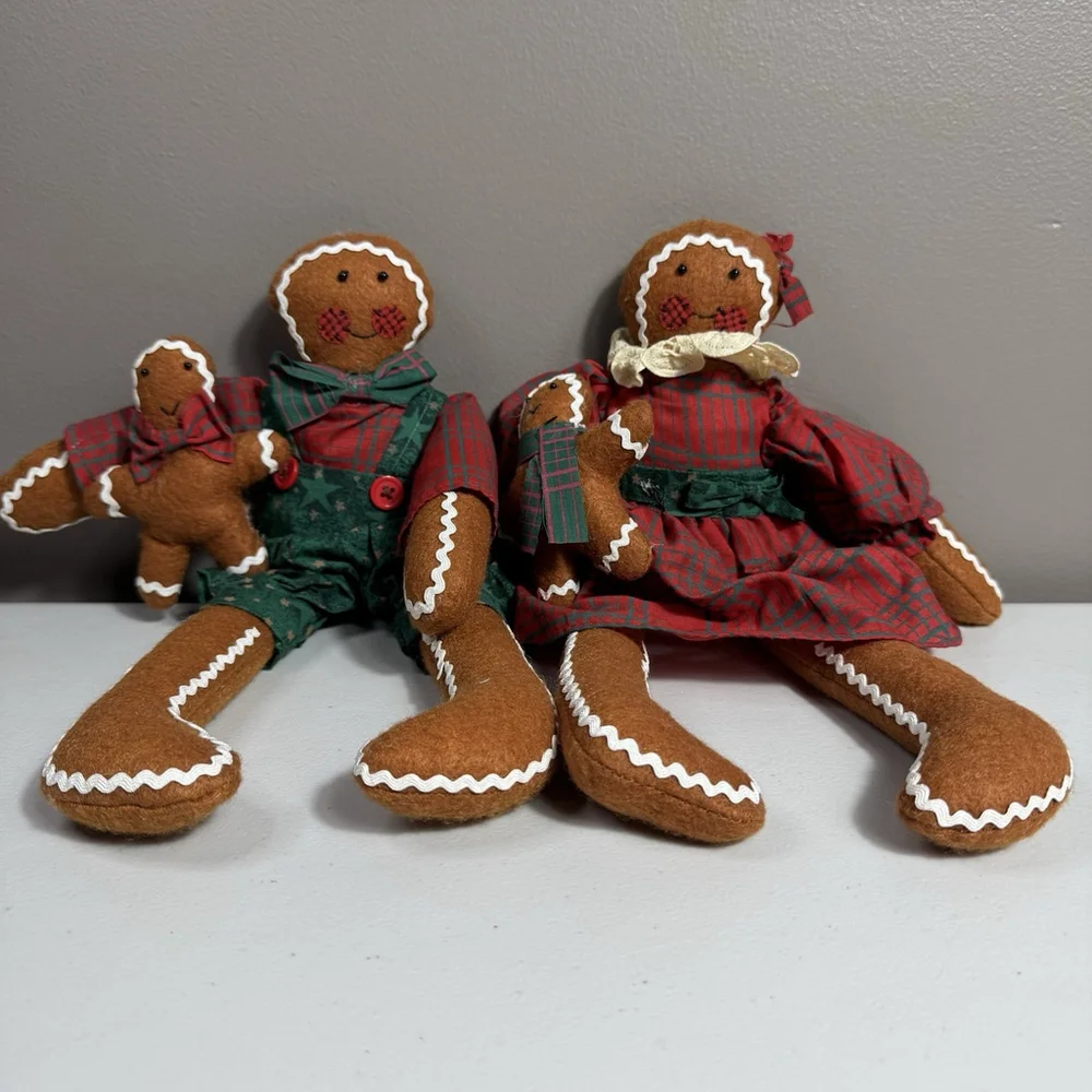 Vintage Stuffed Gingerbread Family Boy Girl Christmas Holiday Decor Farmhouse - Picture 1 of 9